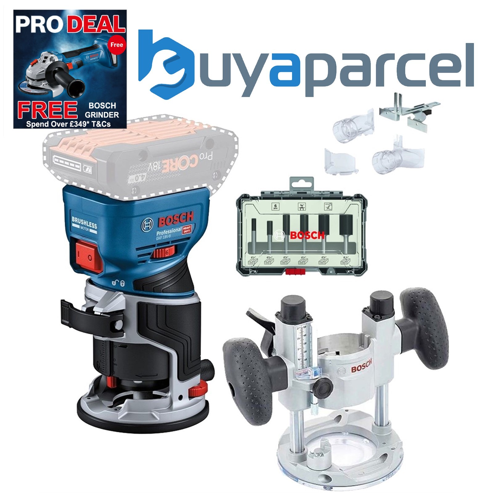 Bosch GKF 18v Brushless Cordless Palm Router Trimmer Plunge Base +6PC Cutter Set