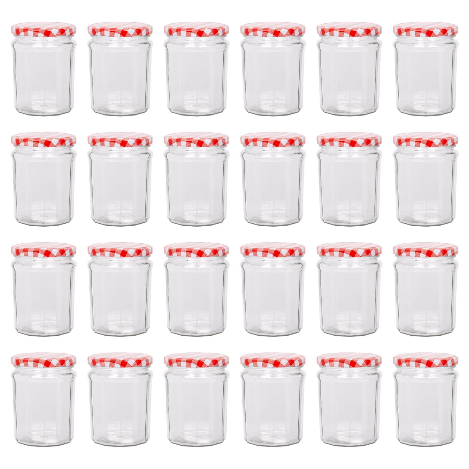 24x 380ml Glass Jam Jars with Red Gingham Lids Chutney Preserve Honey Storage