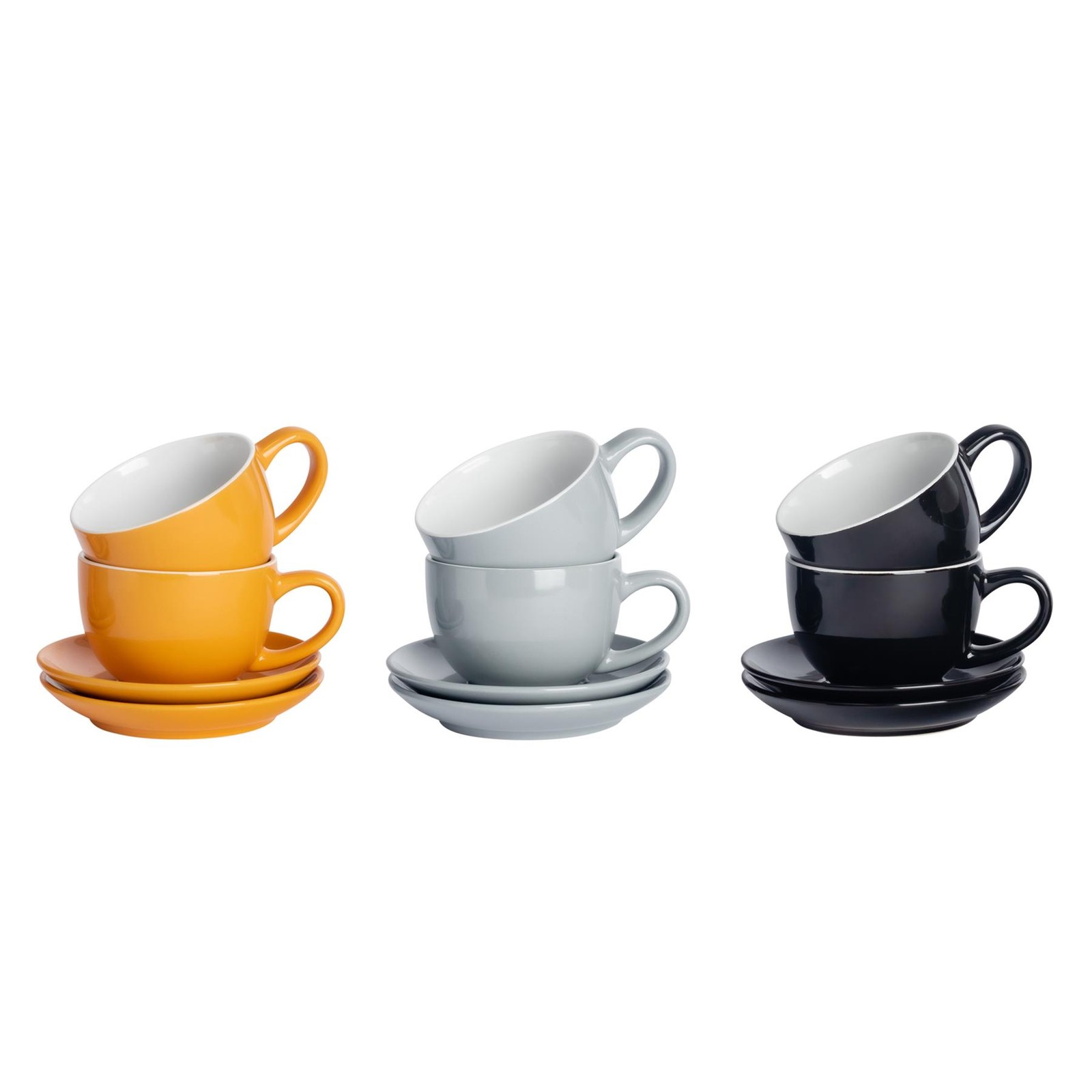 12 Piece Coloured Cappuccino Cup & Saucer Set Tea & Coffee Cups 250ml Scandi