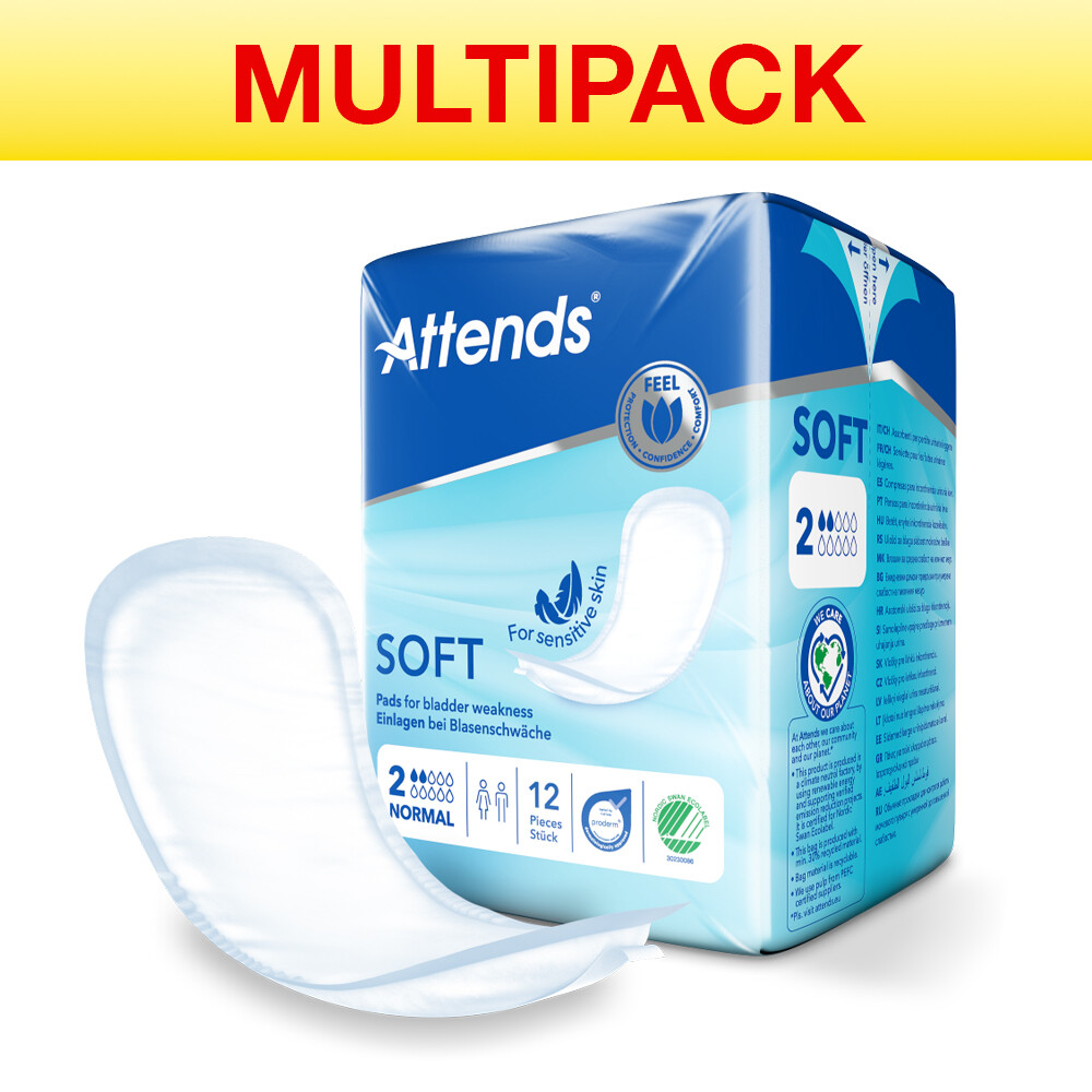 144 Attends Soft 2 Normal Discreet Unisex Incontinence Pads - 12 Packs of 12