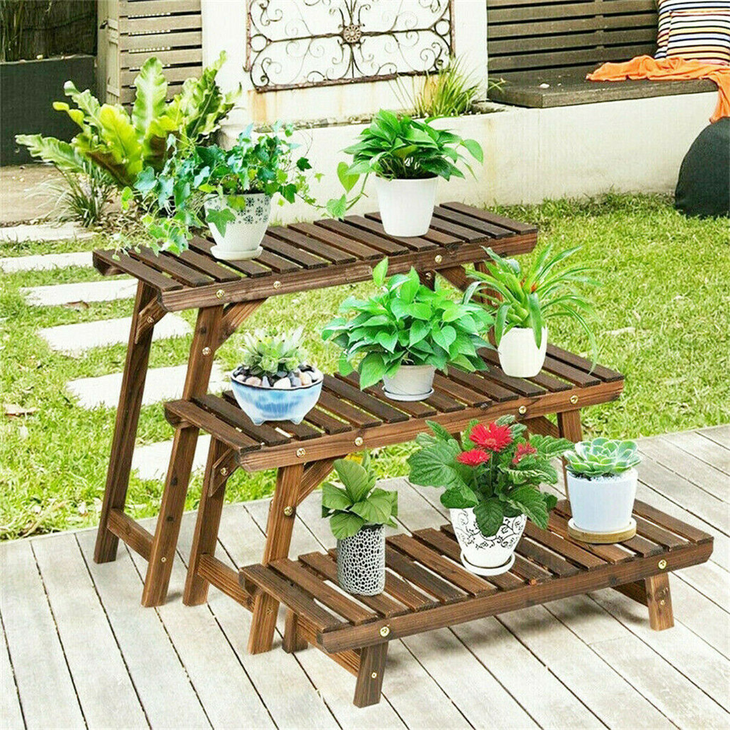 3 Tier Wider Wood Ladder Plant Stand 10-20 Pots Flower Shelf Rack Bench Holder