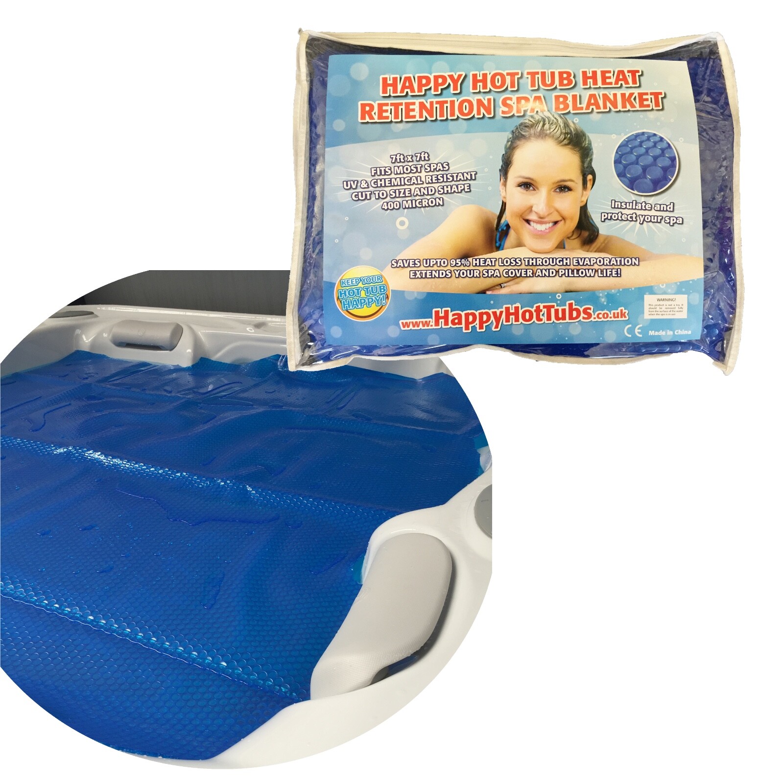 Happy Hot Tubs 7ft Sq Floating Blanket Heat Tub Cover 400 Micron Thermal Bubble