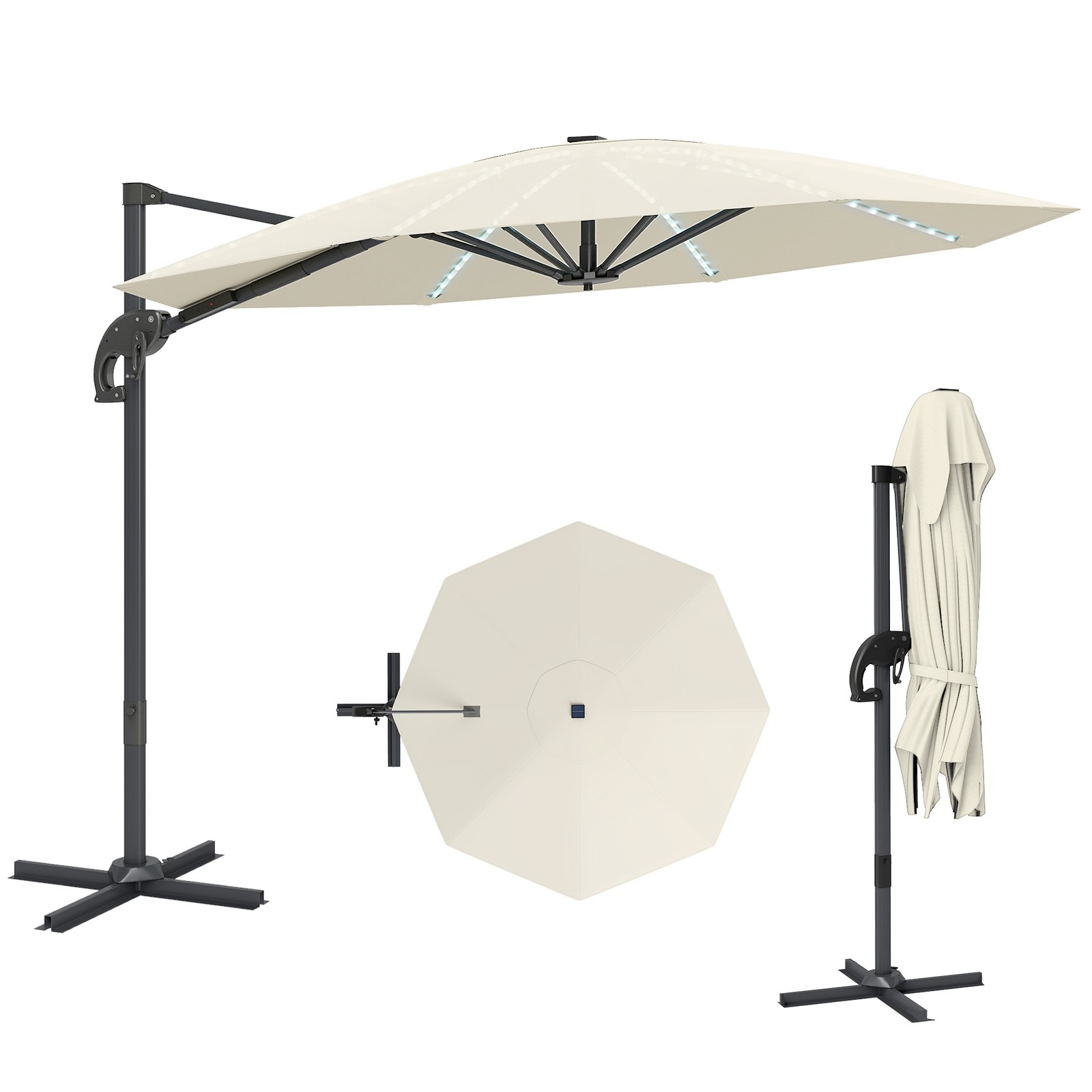 Outsunny 3(m) Garden Parasol w/ Lights, Crank Handle & Cross Base, Cream
