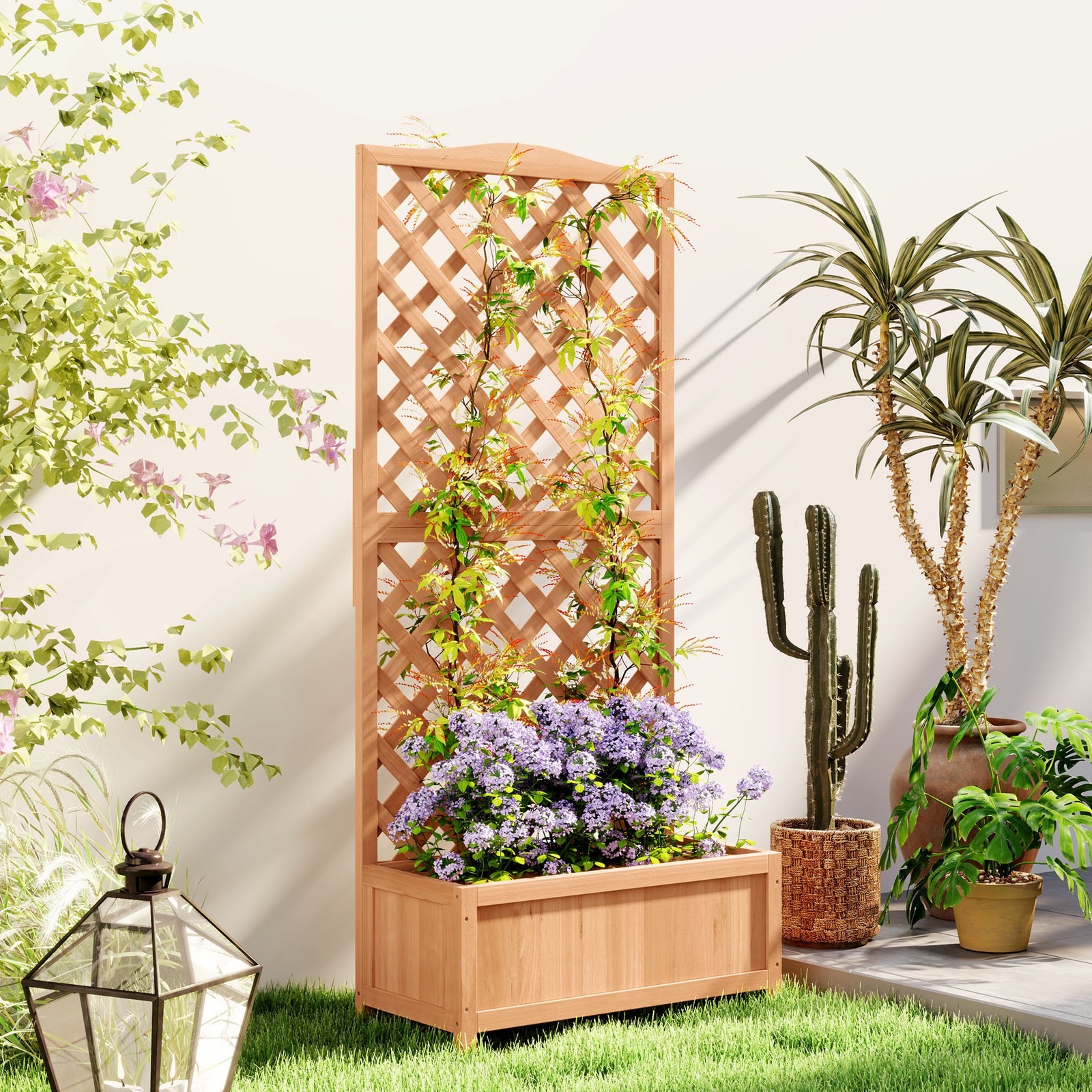 Garden Wooden Planter Box with Trellis Lattice Flower Raised Bed, Natural