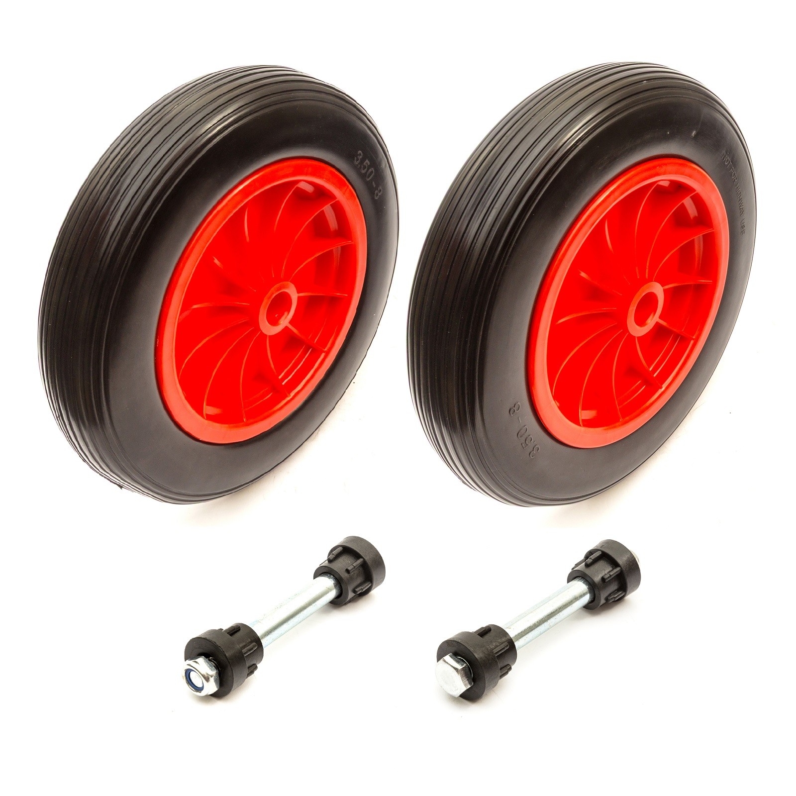 2x 3.50-8 Wheel Tyre Axle 14 Inch Solid Puncture Proof 1" 25mm Bore Wheelbarrow