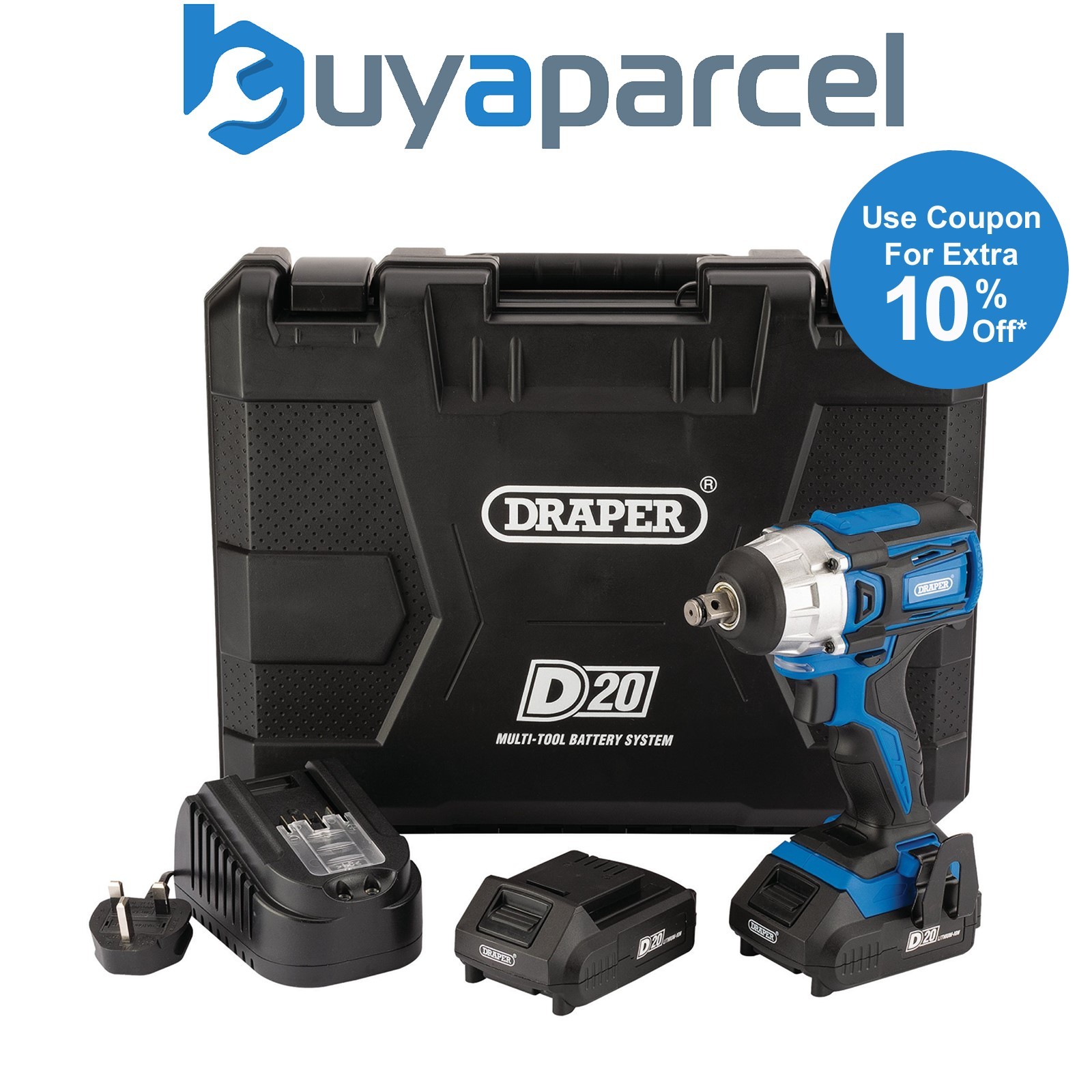Draper 55343 D20 20V Brushless Impact Wrench, 1/2" Sq. Dr., 250Nm, 2 x 2.0Ah Bat