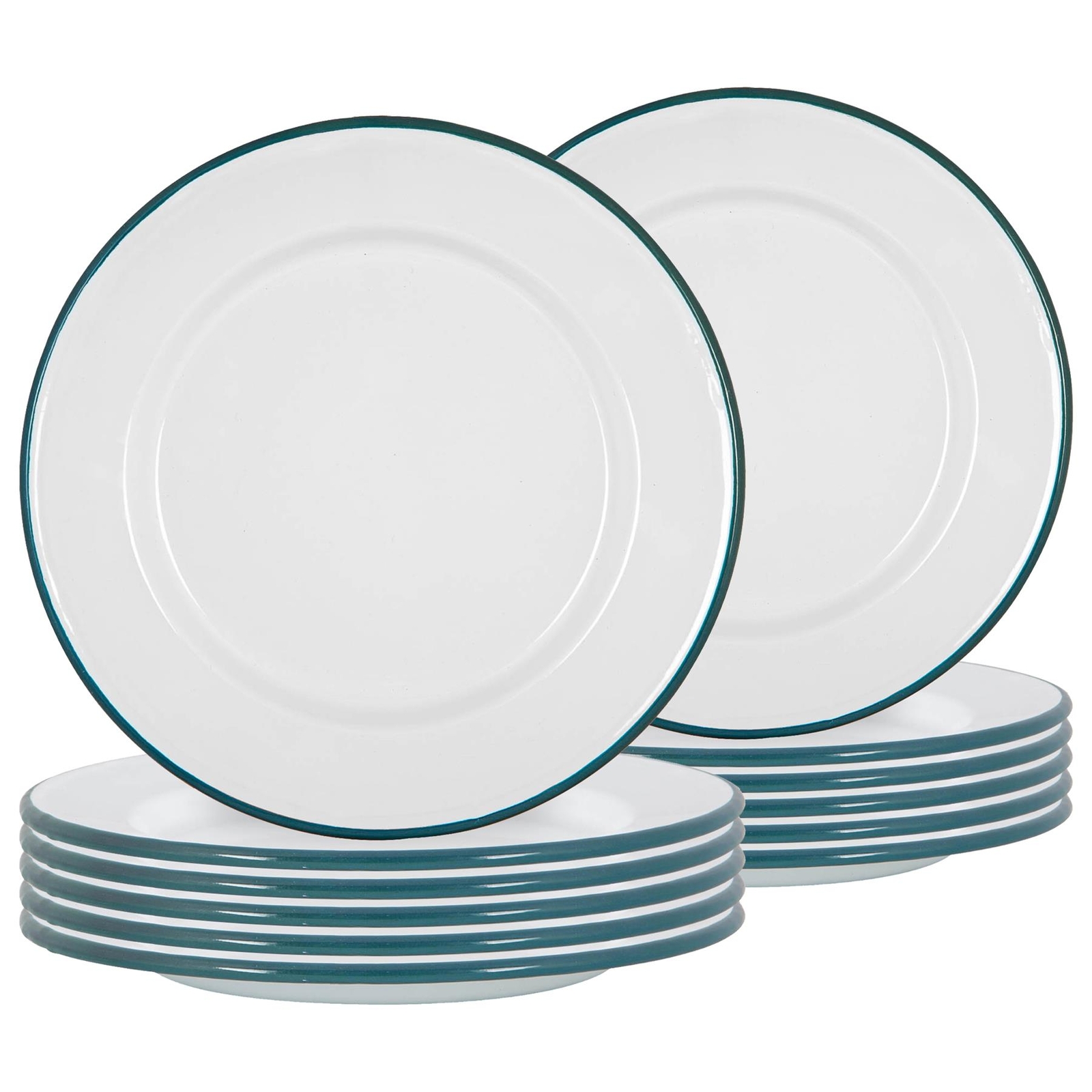12x White Enamel Dinner Plates Metal Outdoor Camping Food Dishes 25.5cm Green