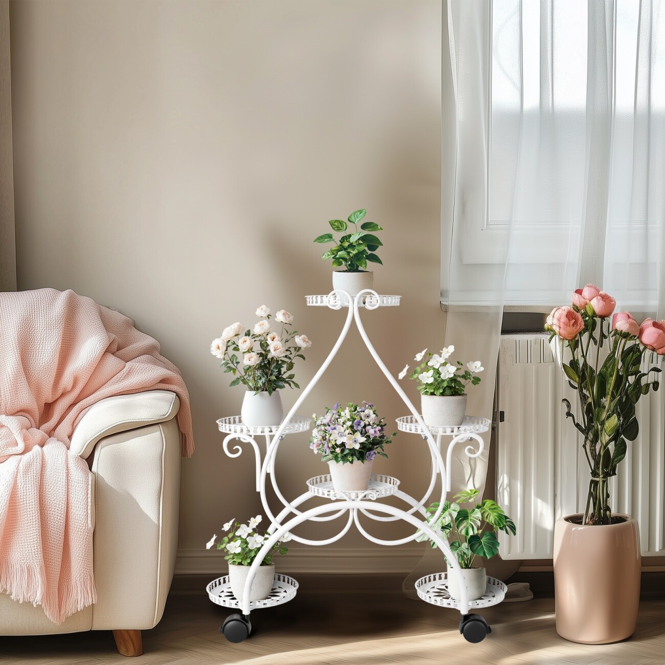 6 Tier Plant Stand Flower Pot Display Stand with Rolling Wheel for Balcony Decor