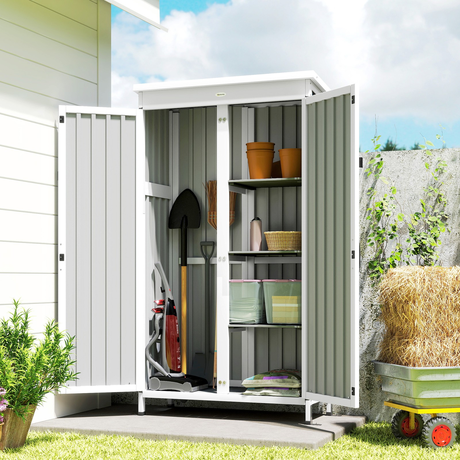 Fir Wood and Steel Garden Shed, Small Garden Storage Shed with Removable Shelves