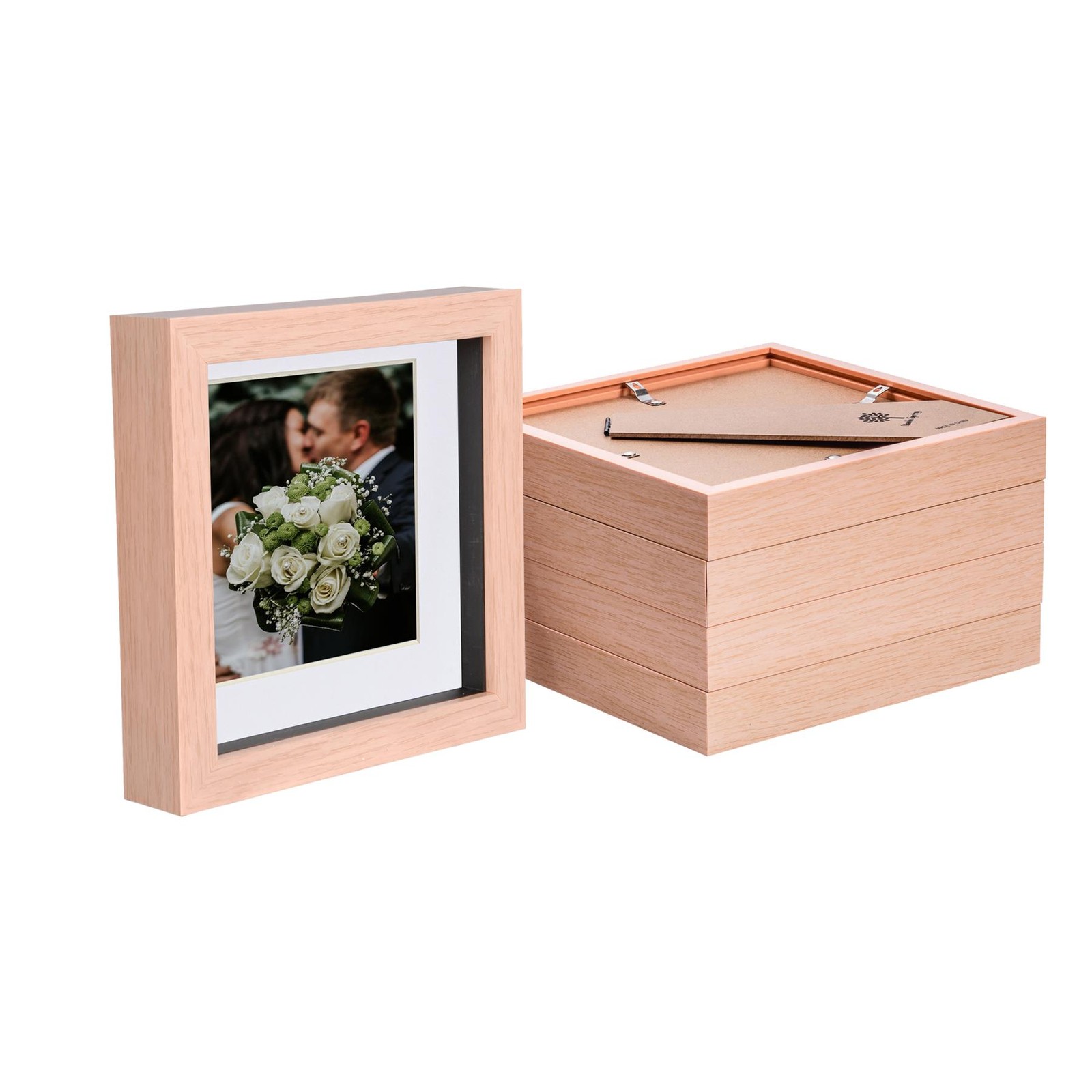 5x Light Wood 6" x 6" 3D Box Photo Frames White 4" x 4" Mount Shadow Picture
