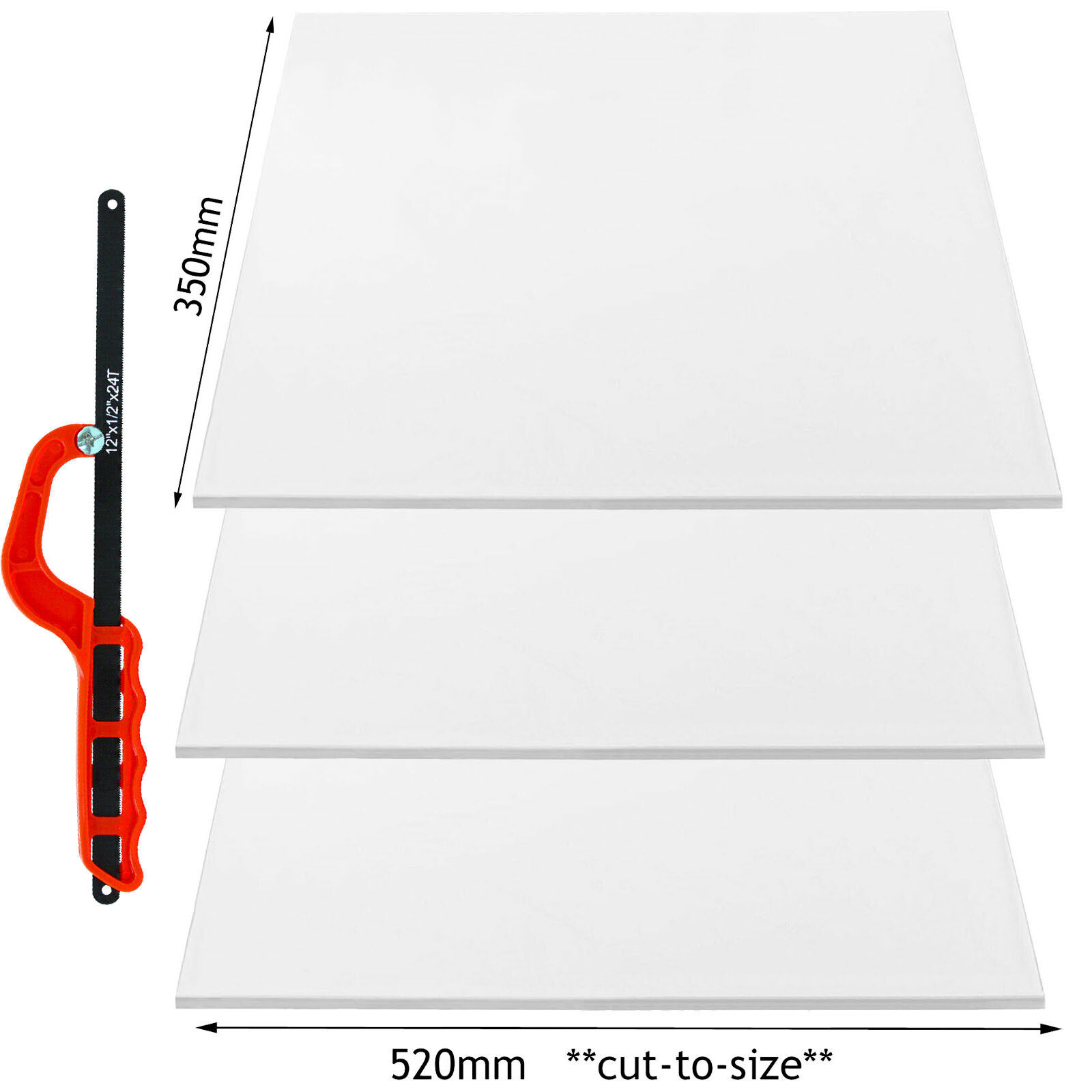 Shelf Clear Perspex Cut to Size 520mm x 350mm x 5mm Shelves x 3 + 12" Junior Saw