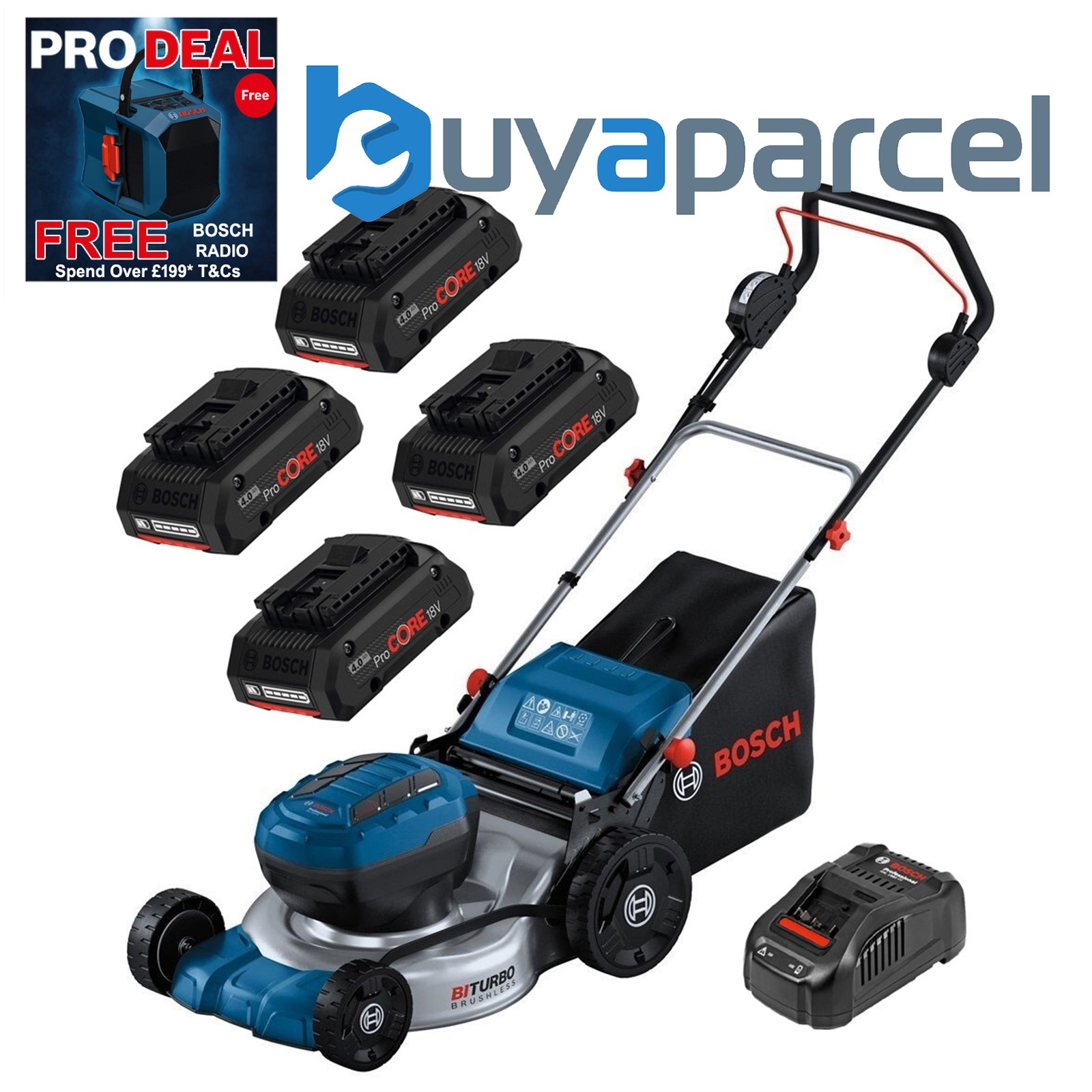 Bosch GRA 18V2-46 2X18V Cordless Lawn Mower + x4 4ah Batteries + Charger Kit