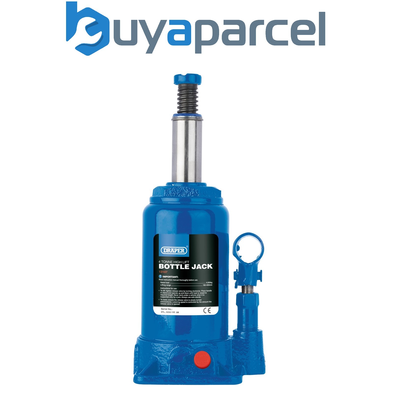 Draper 13107 High Lift Hydraulic Bottle Jack, 4 Tonne
