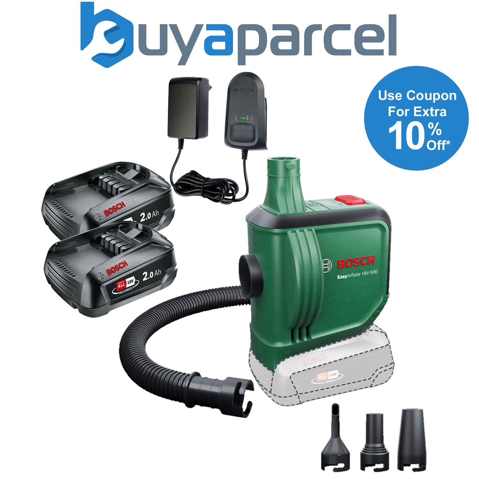 Bosch EasyInflate 18v 18V-500 Cordless Volume Air Pump Inflator 2x 2.0Ah Battery