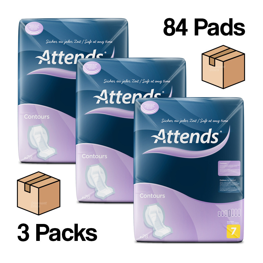 Attends Contours Regular 7 Urinary & Faecal Incontinence Pads - 3 Packs of 28