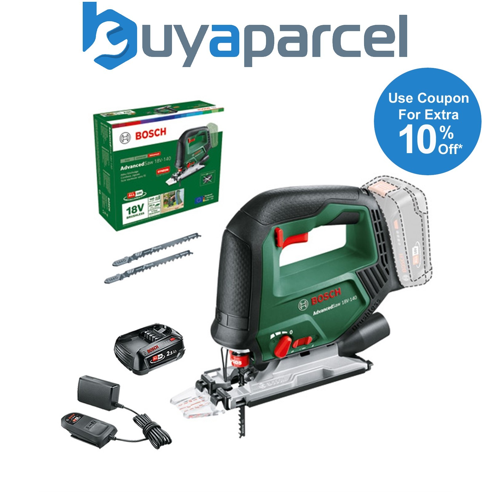 Bosch 0603013000 Cordless Brushless 18v Jigsaw AdvancedSaw 18V-140 2.5AH Battery