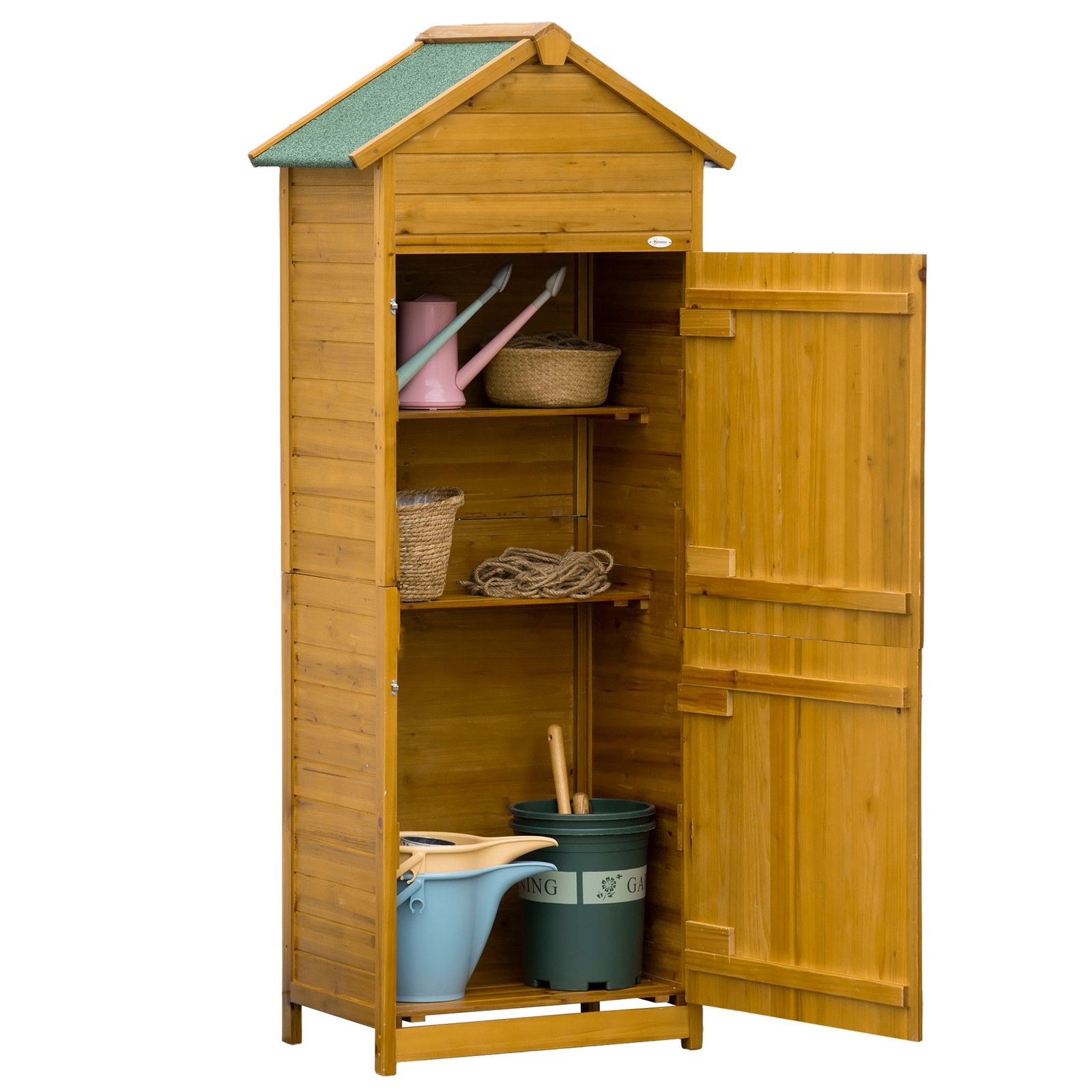 Outsunny Wood Garden Storage Shed Tool Cabinet w/ Roof, 191.5x79x49cm, Natural