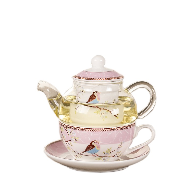 Ceramic Flower Teapot Flower Bird Cup Saucer Heat- Glass Pot Set2750