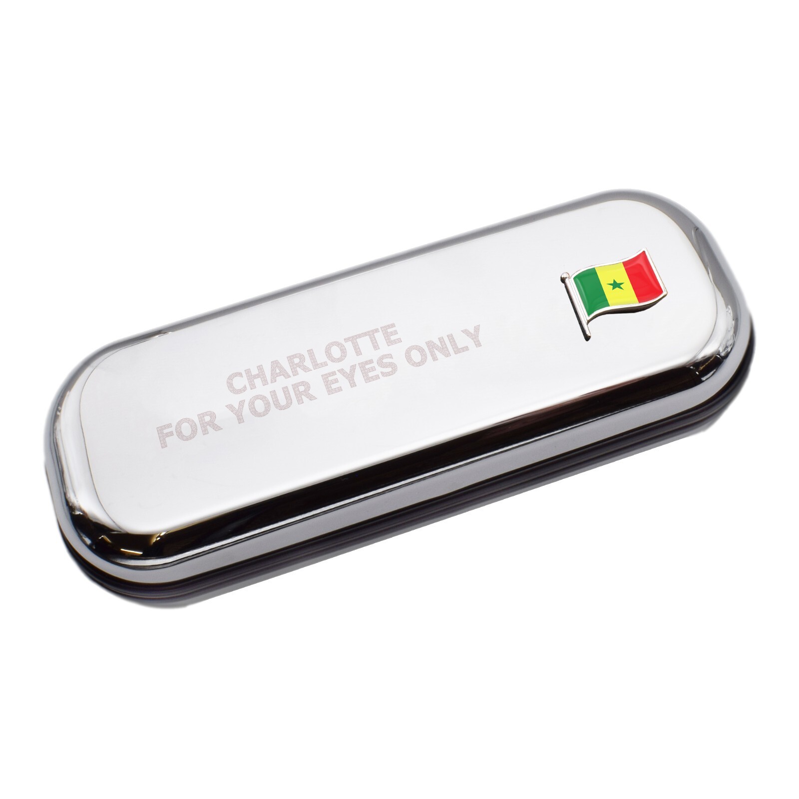Senegal Wave Flag & Engraved With Message Chromed Glasses Case Box