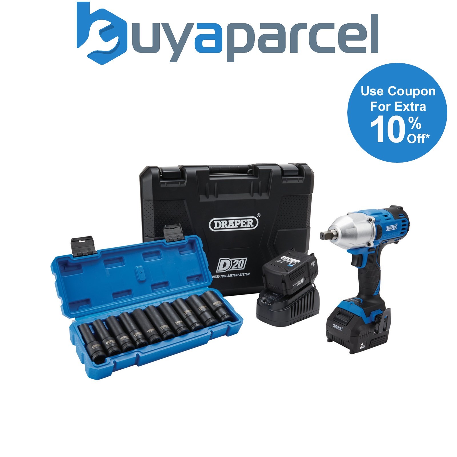 Draper 04791 D20 20V Brushless Mid-Torque Impact Wrench Kit, 1/2" Sq. Dr, 400Nm,