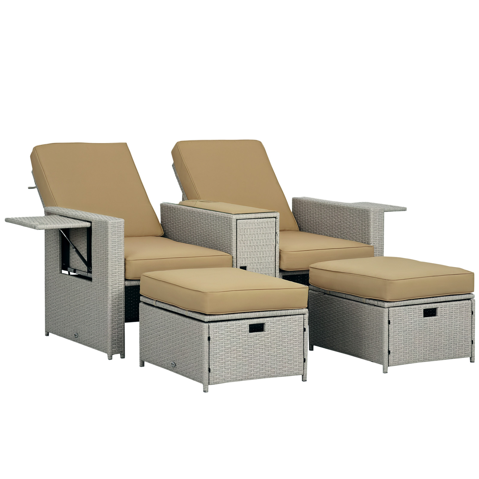 Outsunny Recliner Rattan Sun Lounger w/ Storage Tea Table & Footstools, Beige