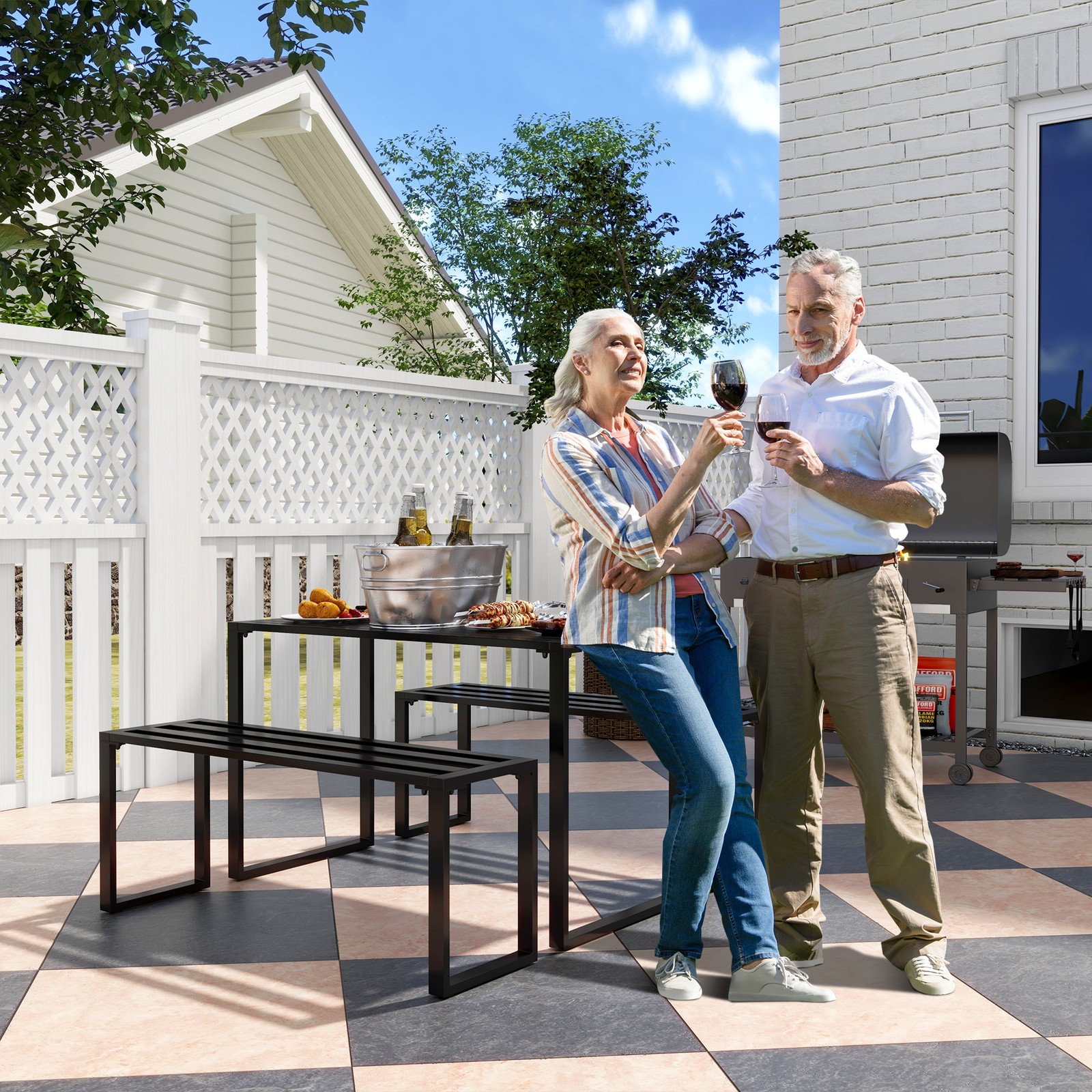 3 Pieces Outdoor Dining Set Metal Picnic Table Bench for Patio Garden Black