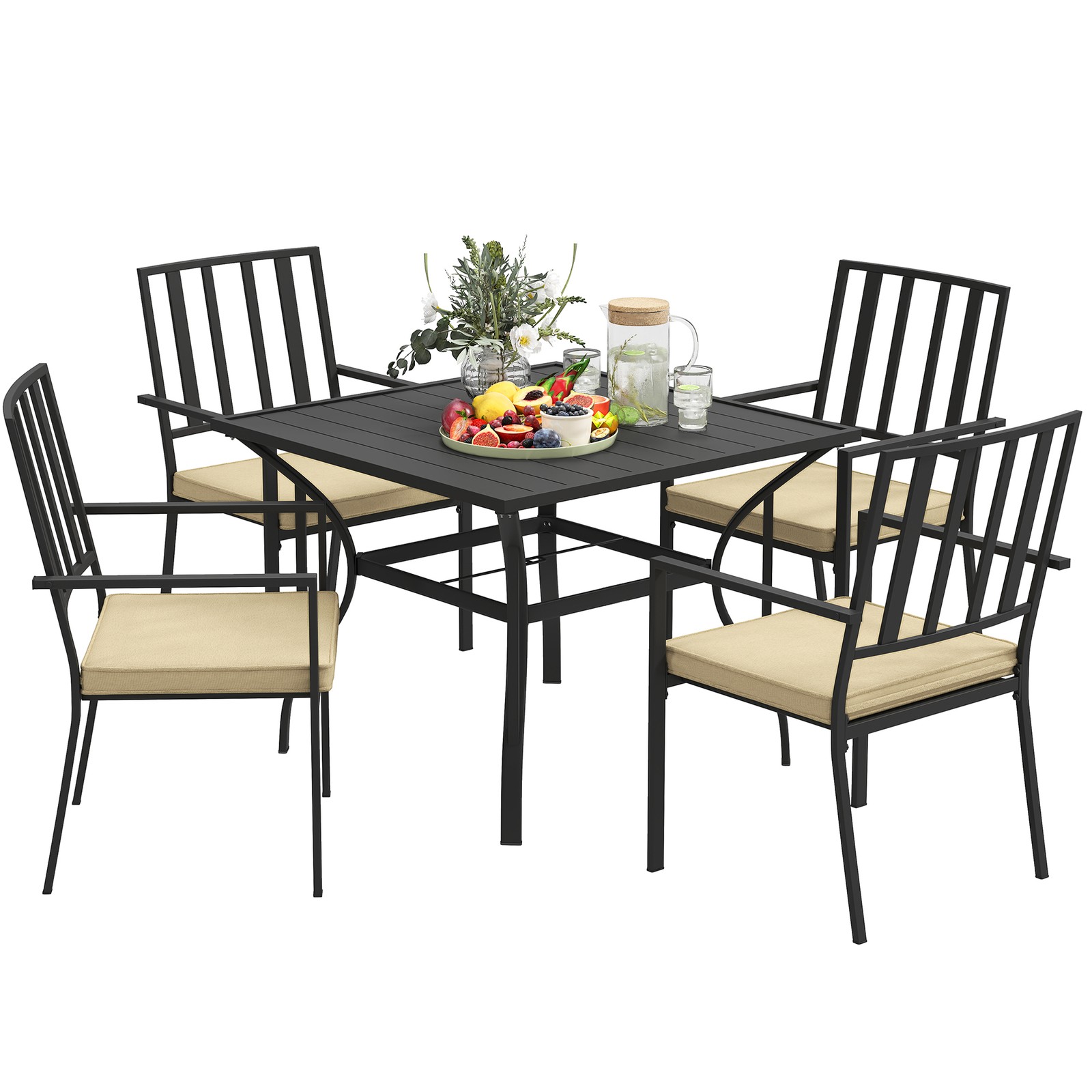 Outsunny Garden Dining Set w/ 4 Stackable Cushioned Chairs and Metal Top Table
