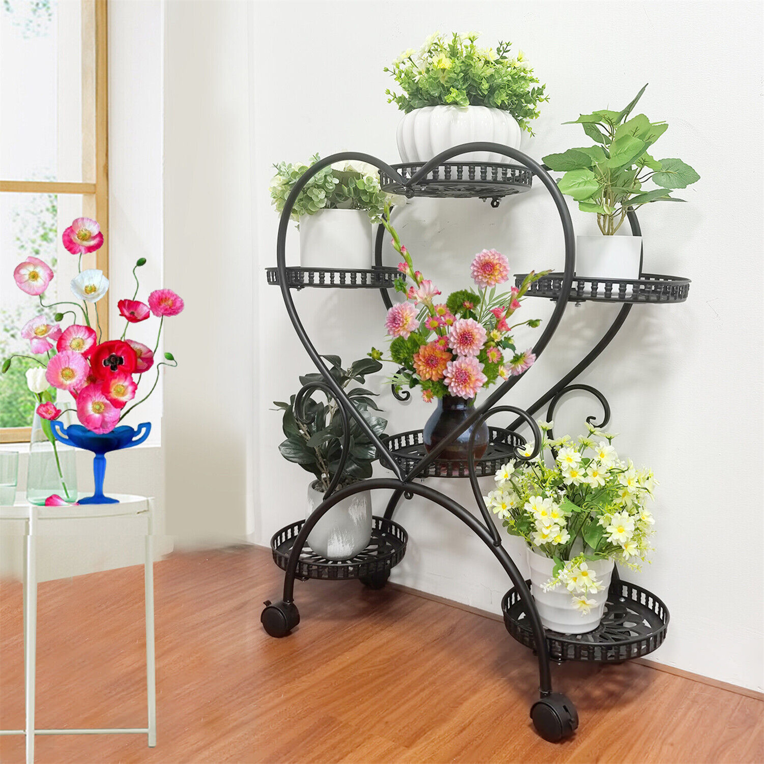 6 Tier Plant Stand Indoor Outdoor Metal Flower Pot Holder Shelves Rolling Rack