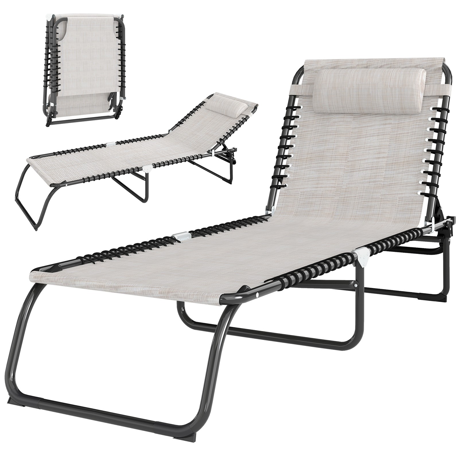 Outsunny Folding Beach Chair Chaise Lounge 4 Adjustable Positions, Cream White