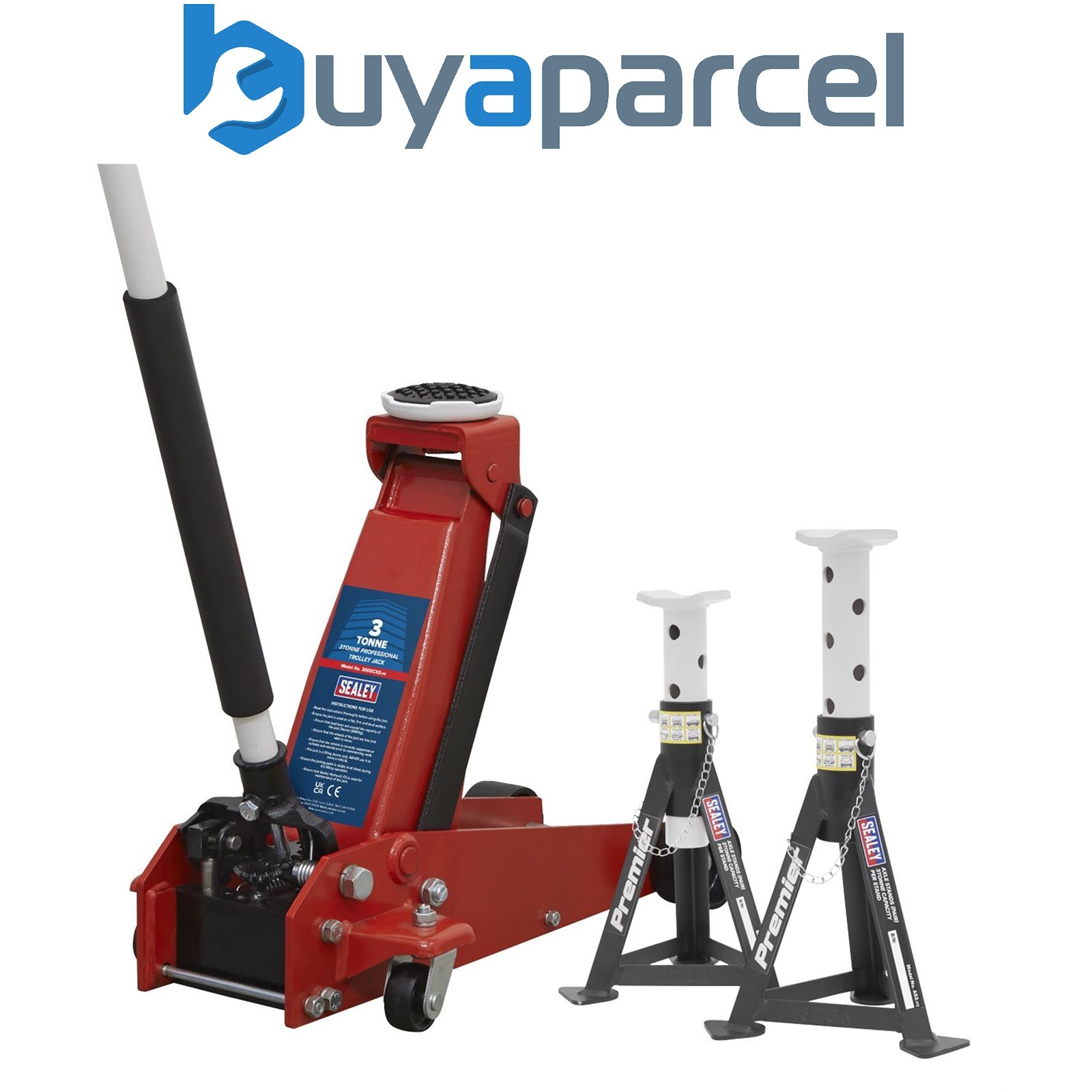 Sealey 3000CXDCOMBO1 Trolley Jack 3 Tonne & Axle Stands (Pair) 3 Tonne per Stand