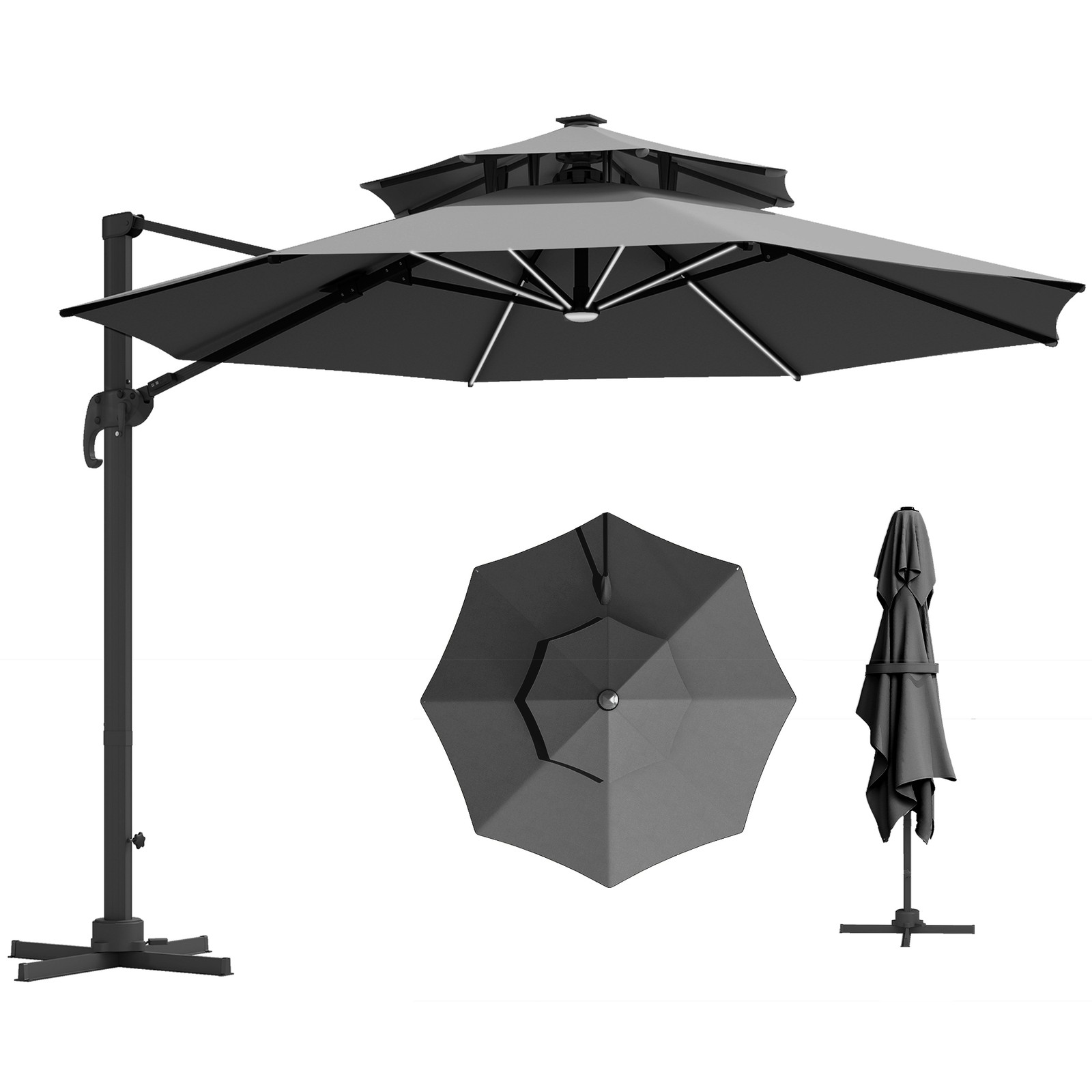 Outsunny 3m Rotating Cantilever Parasol Solar Lights Power Bank Dark Grey