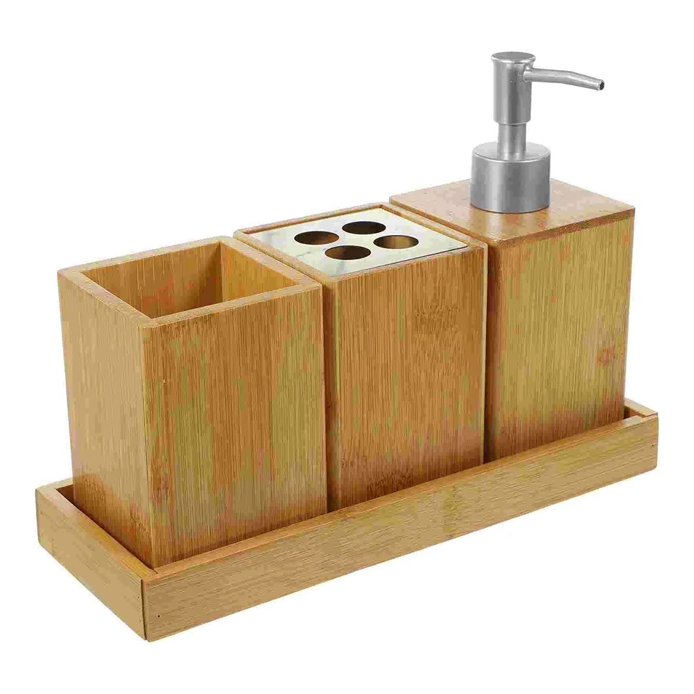 Bamboo Bathroom Accessories Set Washable Bath Kit Manual Lotion Dispenser K2N2