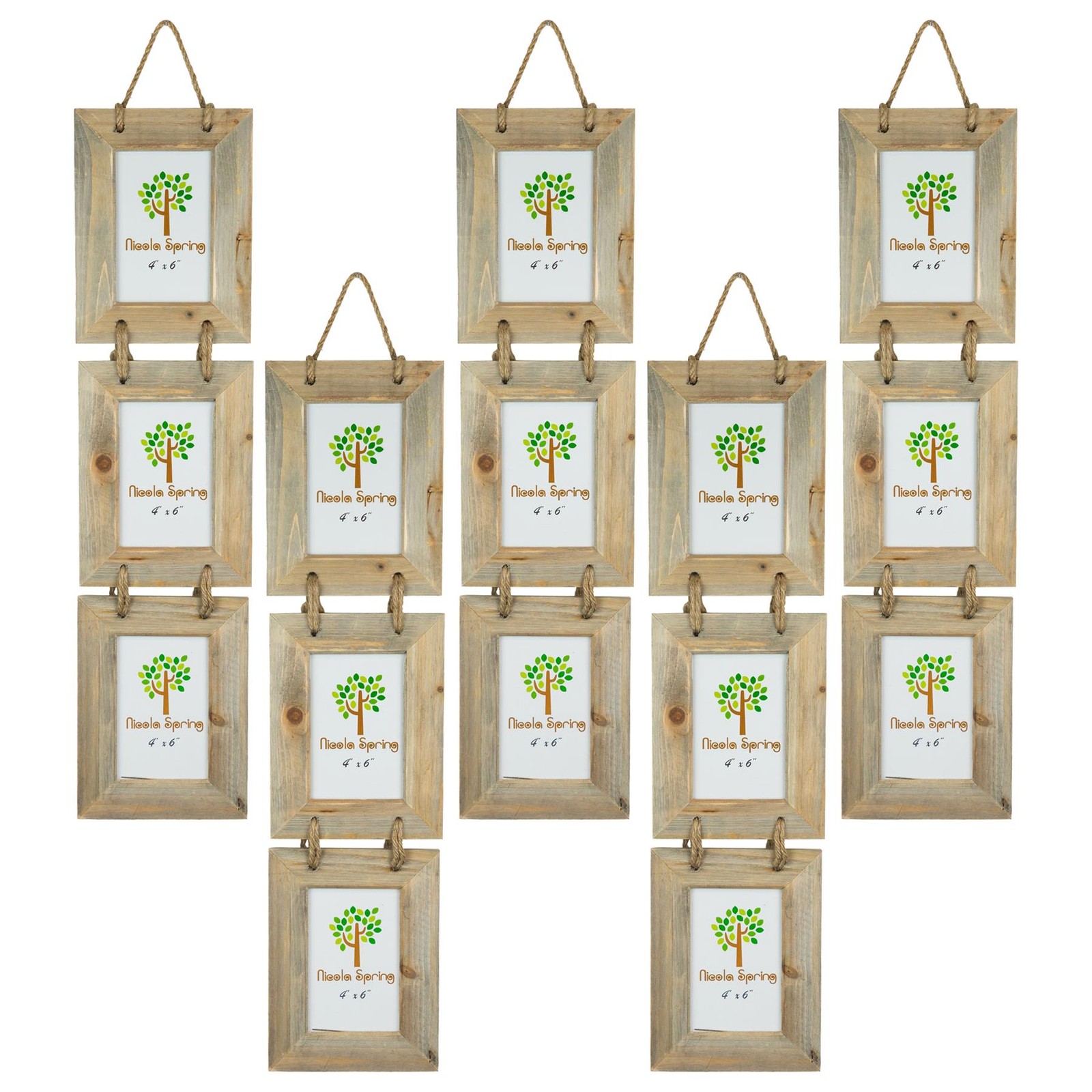 5x Rustic Wooden Hanging 3 Photo Frames Driftwood Picture Display 4 x 6" Natural