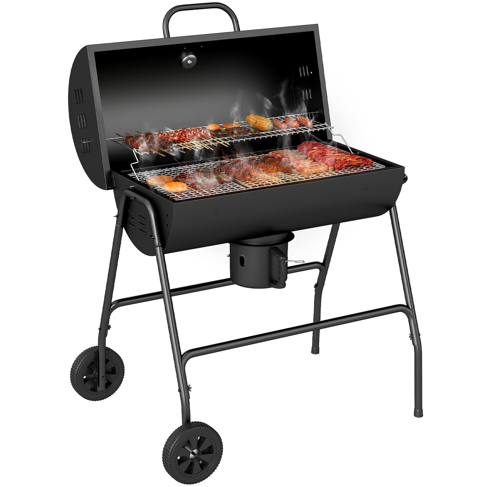 Outsunny Barrel Charcoal Barbecue BBQ Grill Trolley W/ Ash Catcher Thermometer