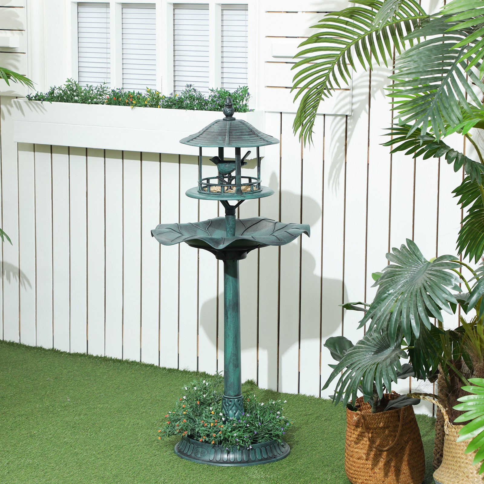 3-in-1 Garden Bird Bath, Freestanding Birdbath with Bird Feeder, Green