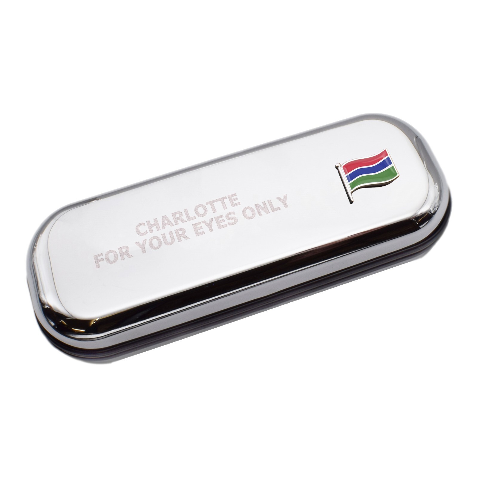 Gambia Wave Flag & Engraved With Message Chromed Glasses Case Box