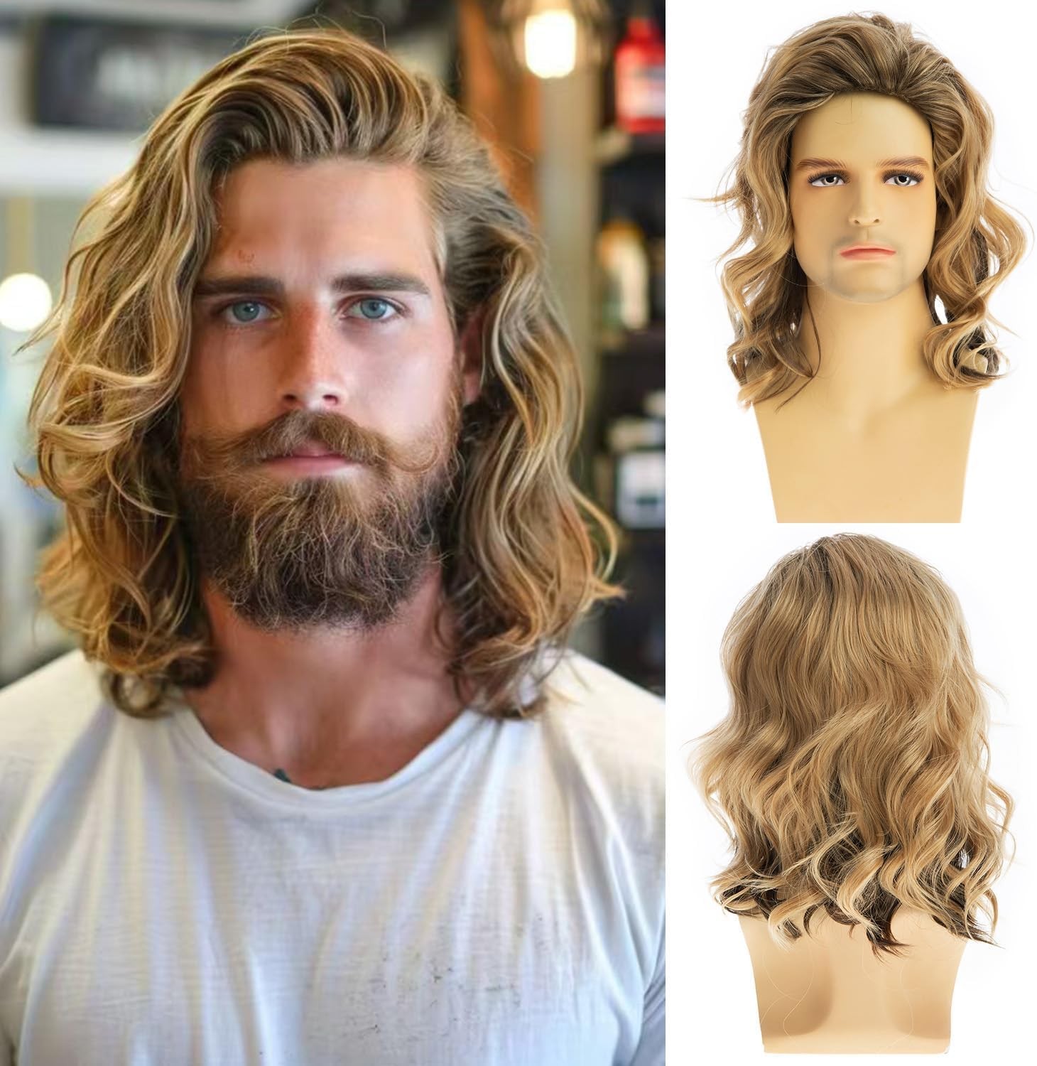 Long Mixed Blonde Wig Men Curly Middle Length Synthetic Hair for Male Cosplay C