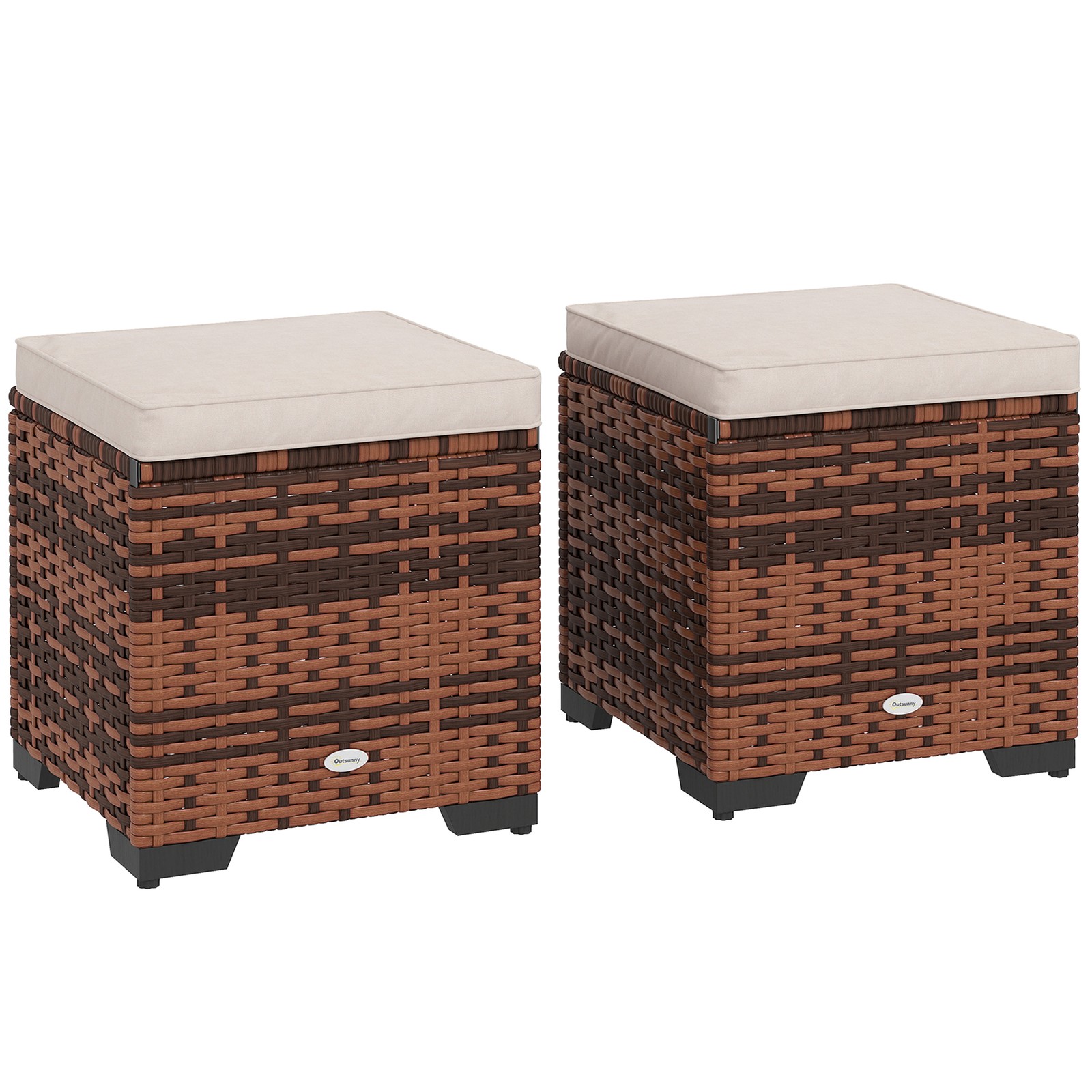 Outsunny Set of 2 Rattan Footstool, Storage Ottoman w/ Cushions, Beige