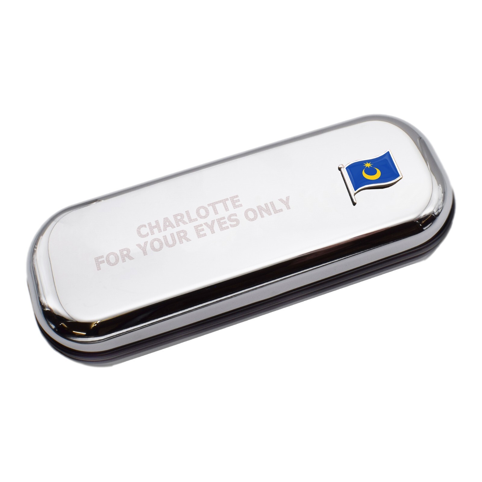 Portsmouth Wave Flag & Engraved With Message Chromed Glasses Case Box