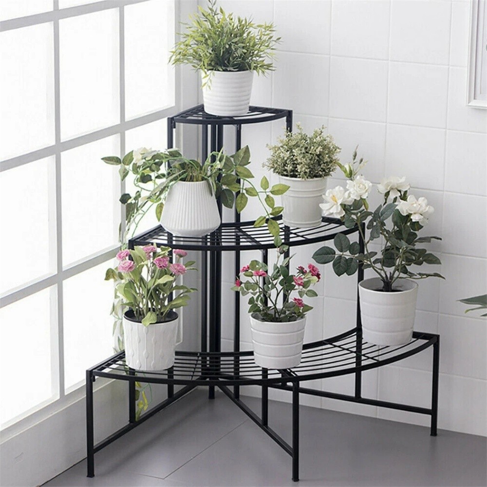 Metal Plant Stand Flower Rack Curved Corner Orchid Shelf Multiple Potted Holder