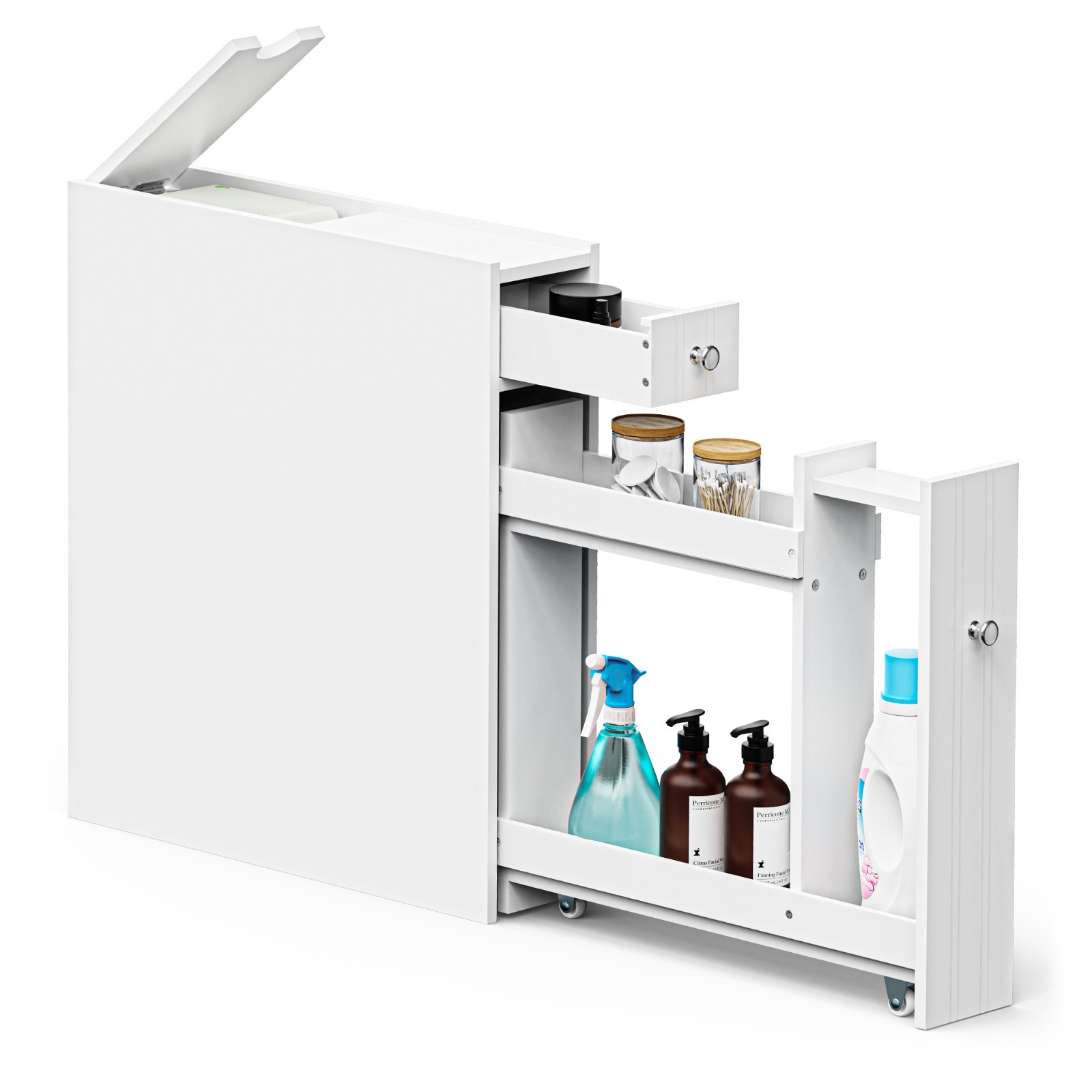 Slim Bathroom Storage Unit, White Compact Freestanding Cabinet, Vonhaus