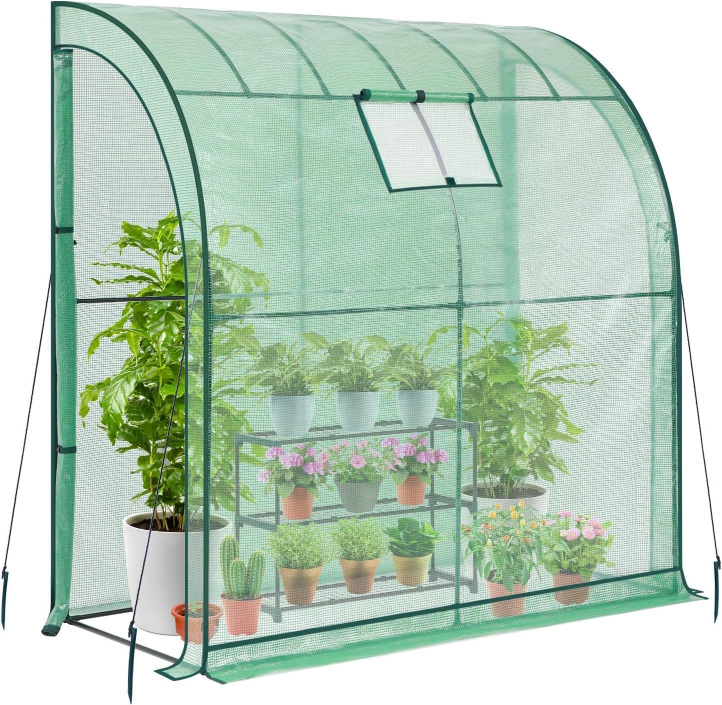 Walk In Lean to Greenhouse Garden Grow House W/ 2 Zippered Doors & Window, Green