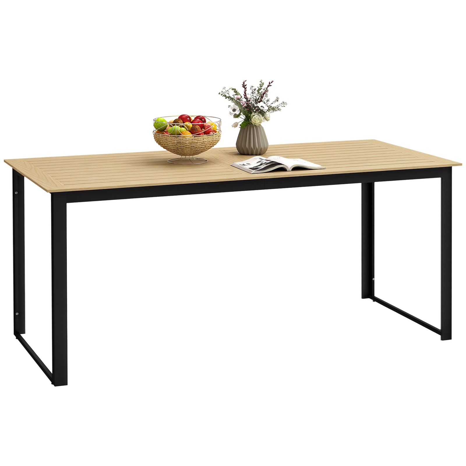 Outsunny Garden Dining Table for 6 People with Slatted Table Top Metal Frame