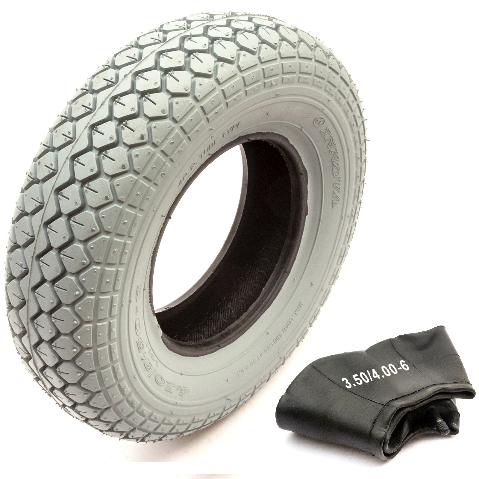 1x Mobility Scooter Pneumatic Tyre 4.10/3.50-6 & Inner Tube Set Block Tread Grey
