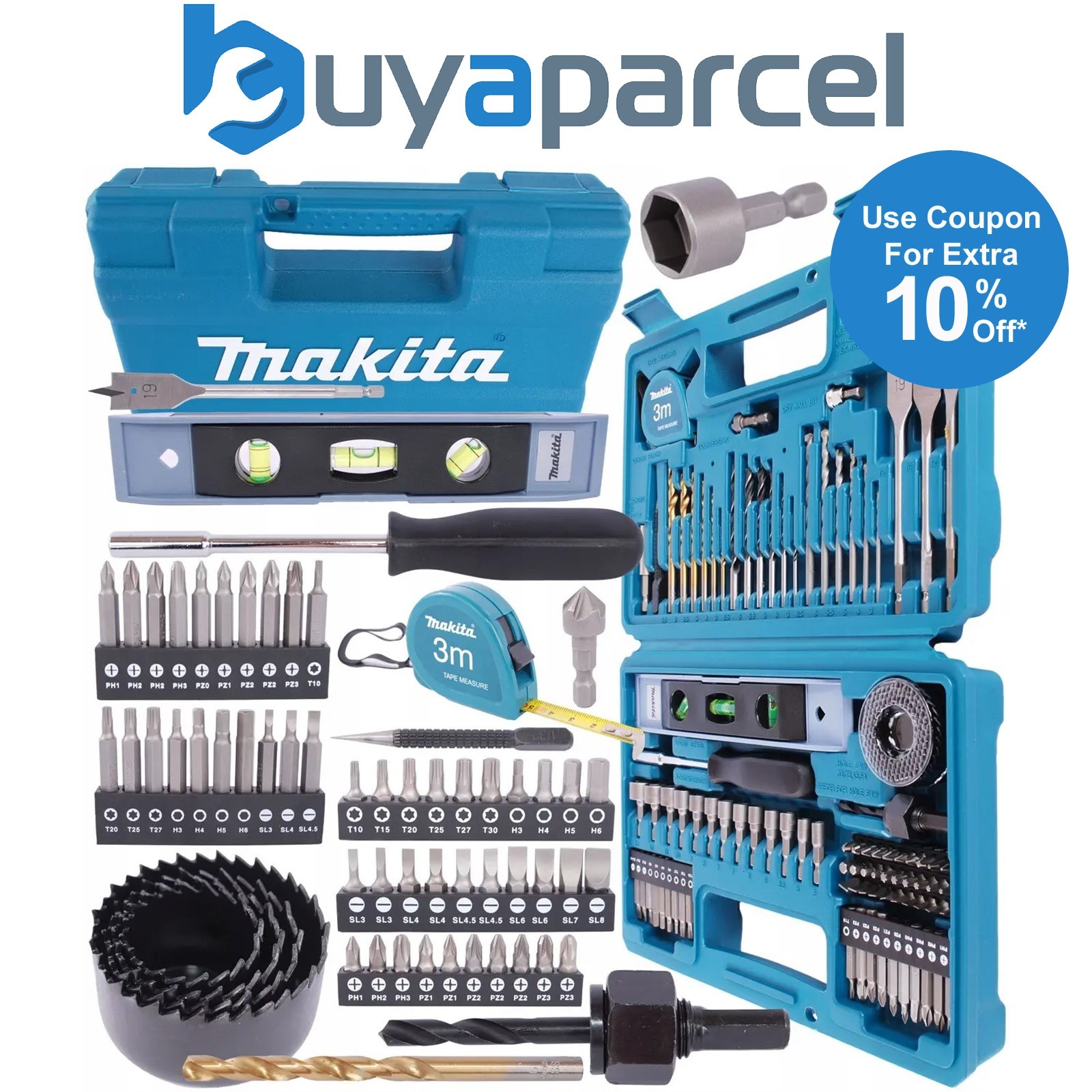 Makita 102 Piece Drill Bit Holesaw Masonry HSS Drill Flat Bit Set + Tape Measure