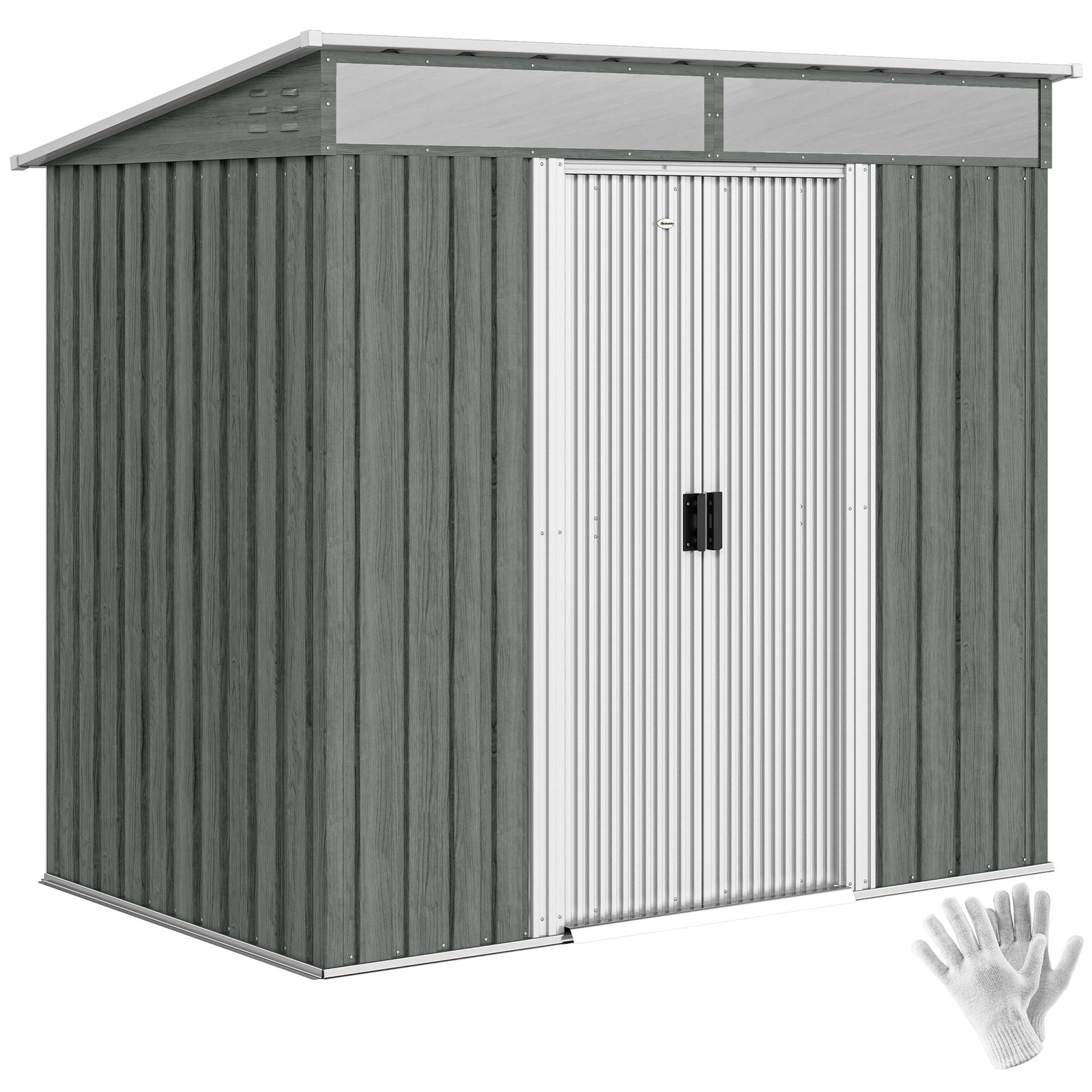 Outsunny 6.5x4FT Garden Shed Lockable Metal Tool Shed Light Grey Wood Effect
