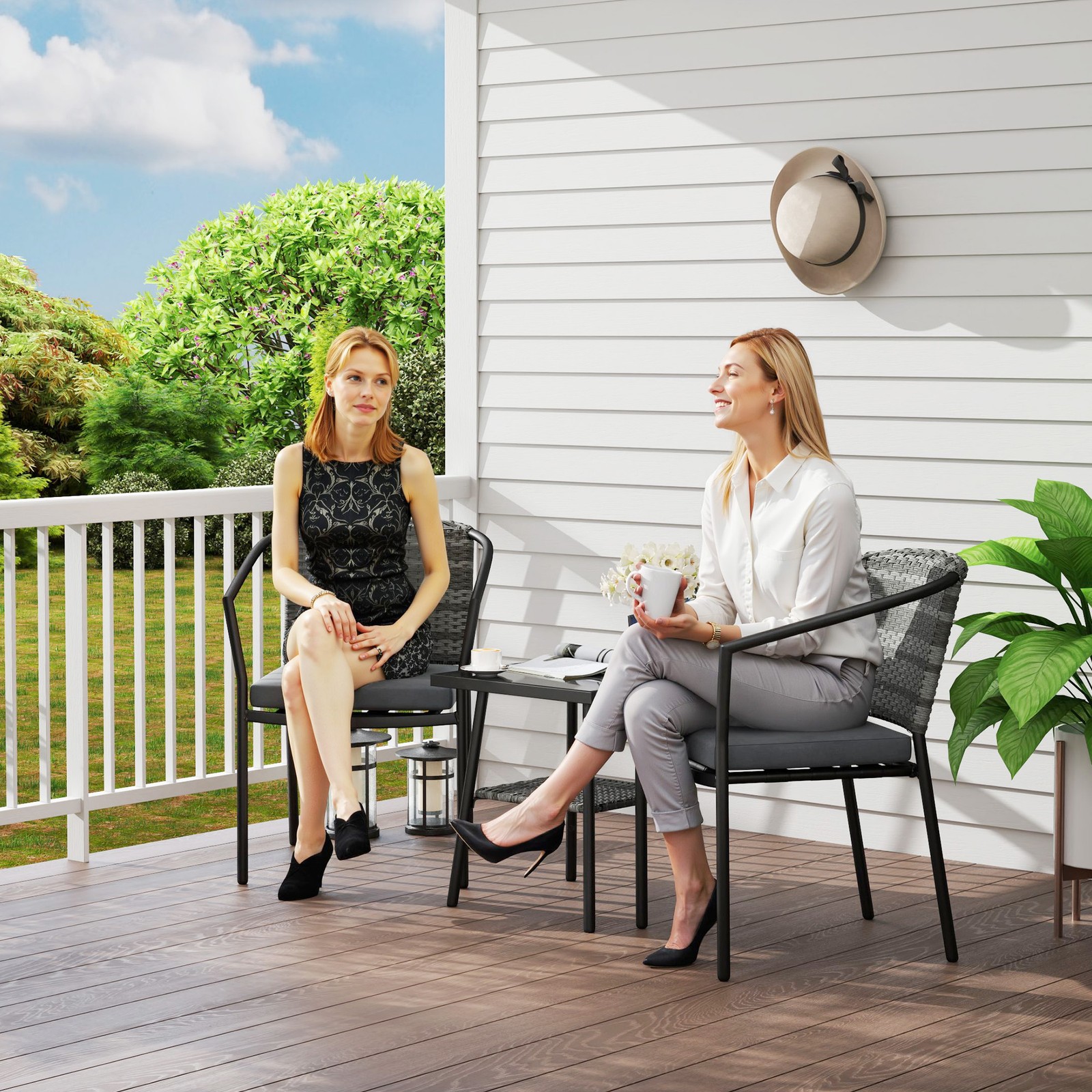 3 Pieces Wicker Garden Furniture Set with Glass Top Coffee Table and Cushions