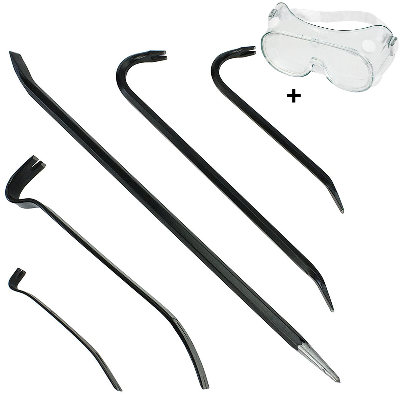 5 Piece Crowbar Long Wrecking Crow Bar Steel Flat Large Pry Kit + Safety Goggles