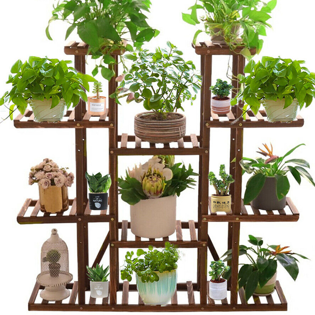 Extra Large 11 Tiers Wooden Plant Stand Tall Flower Rack Shelf Display 17 Potted