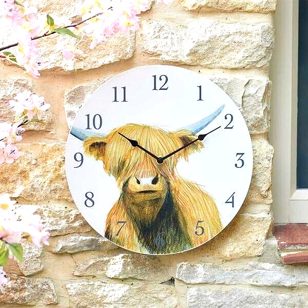 Large Garden Wall Clock Outdoor Decor Highland Cow Round Battery 12'' Kitche